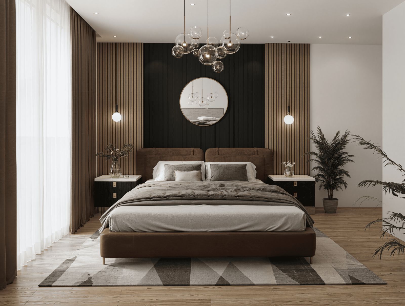Moderne slaapkamer met bruine accenten, spiegel en planten bij Villa Colombia.