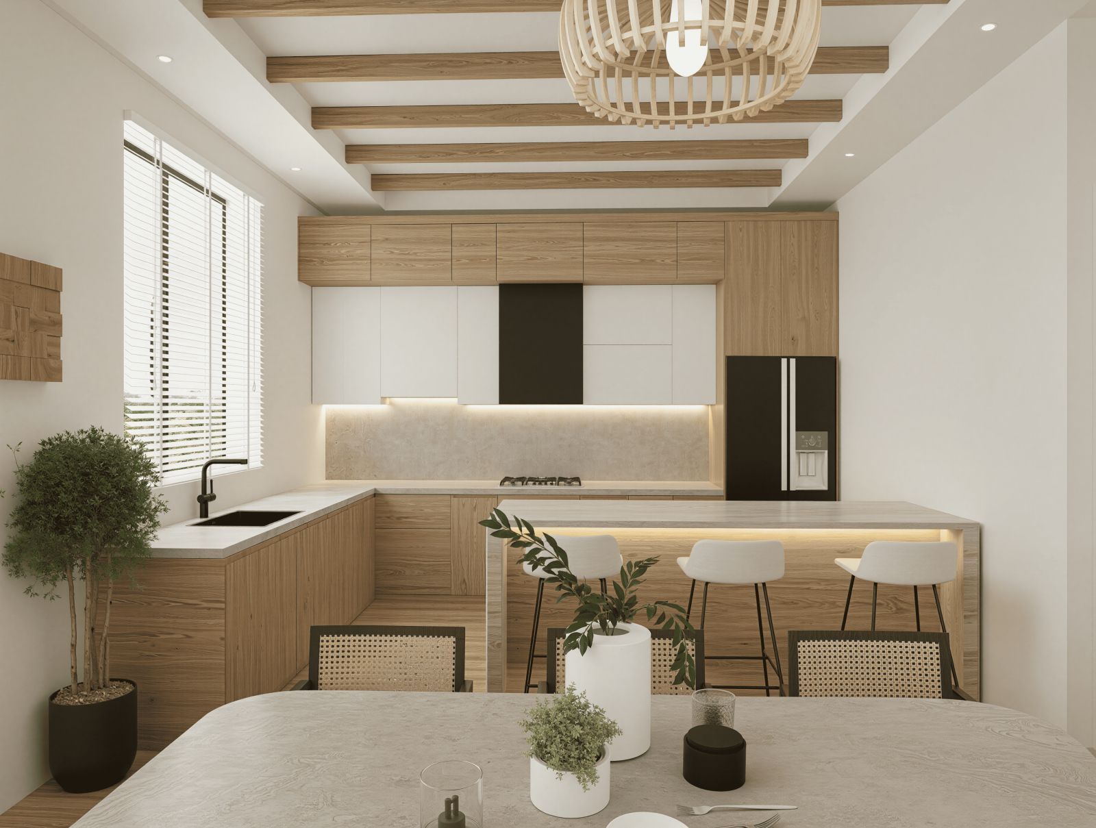 Moderne keuken met houten accenten en een bar met krukken.