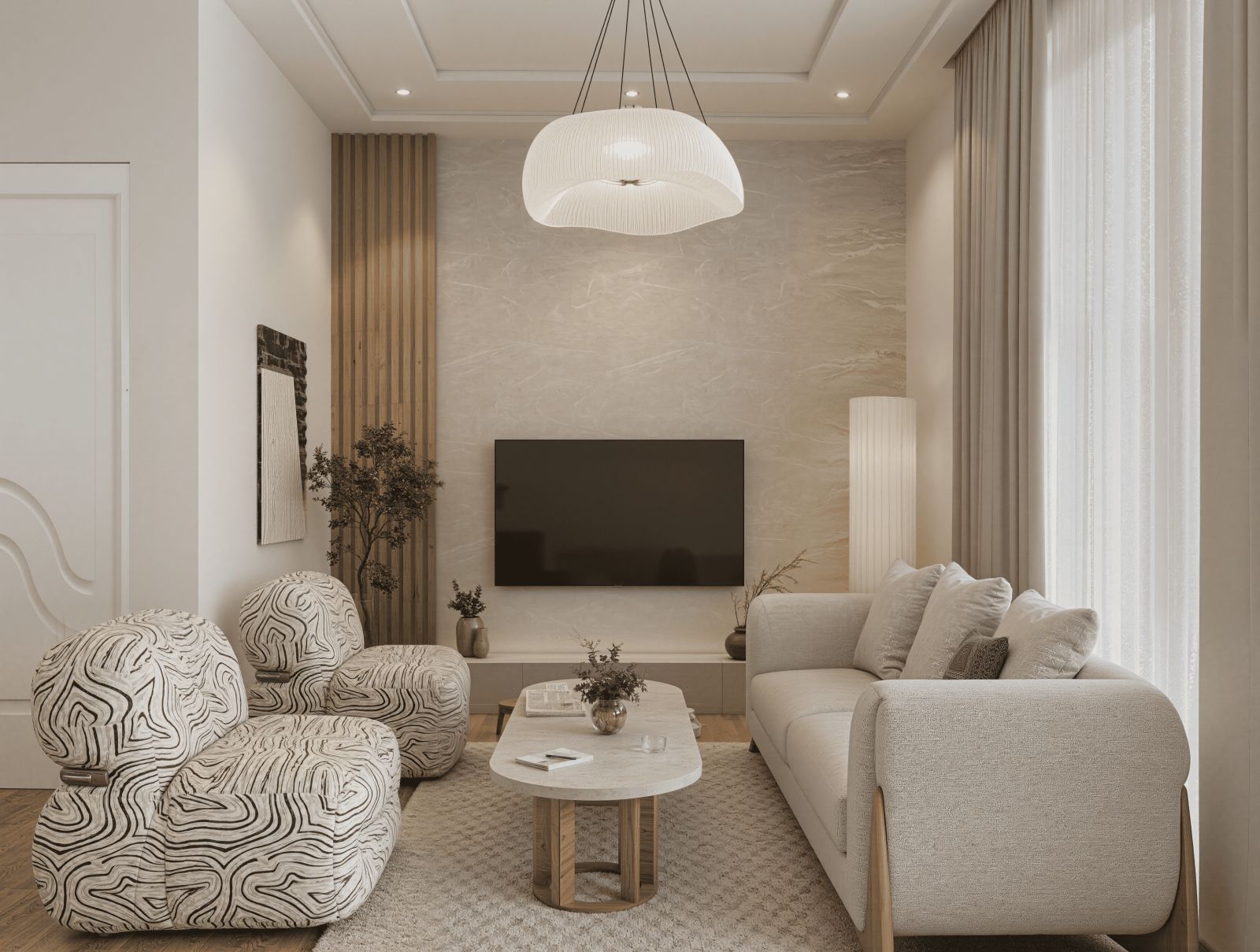 Moderne woonkamer met gedempt kleurenpalet en unieke fauteuils bij Villa Colombia.