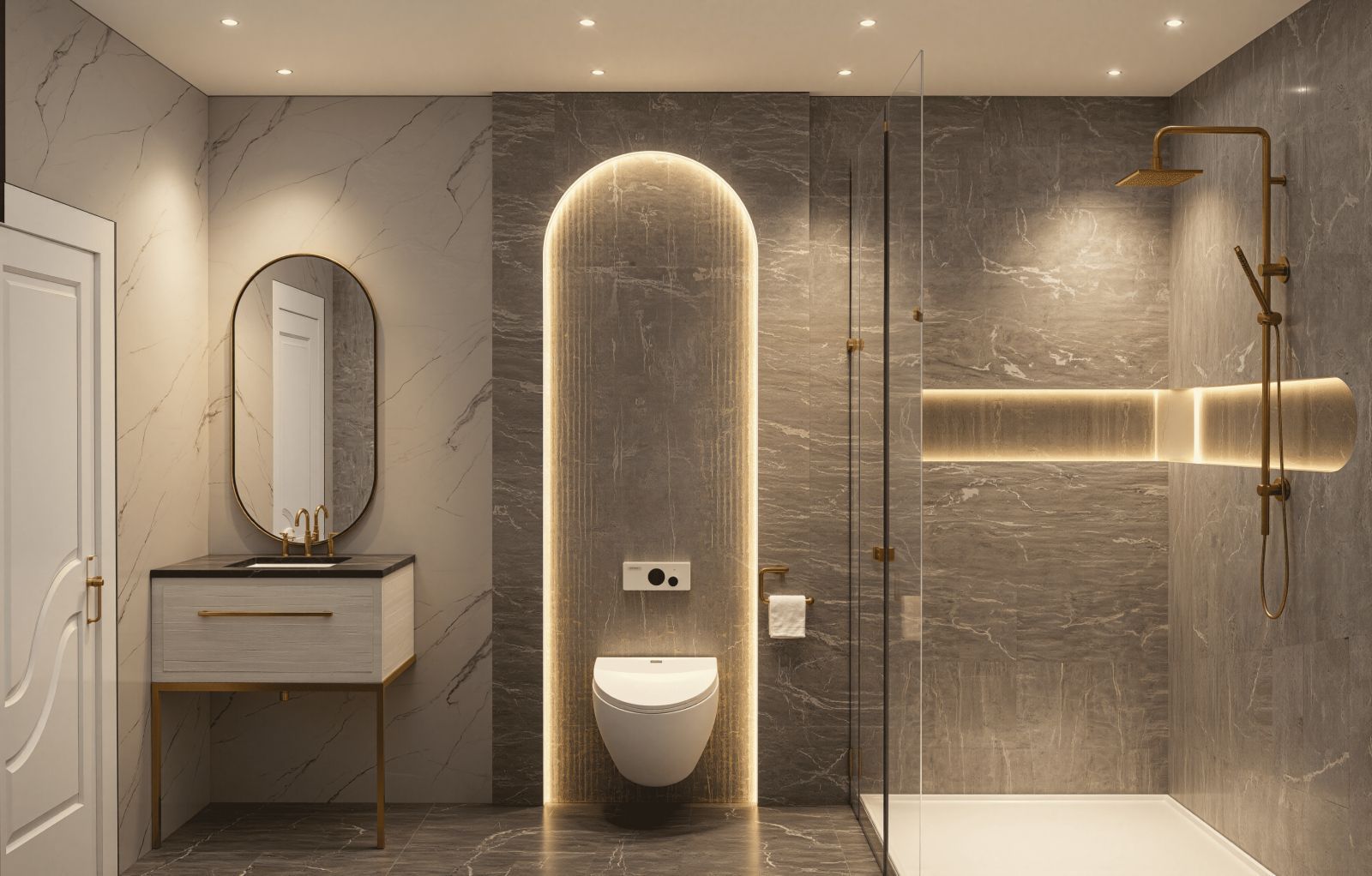 Moderne badkamer met marmeren tegels, zwevend meubel en inloopdouche bij Villa Colombia.